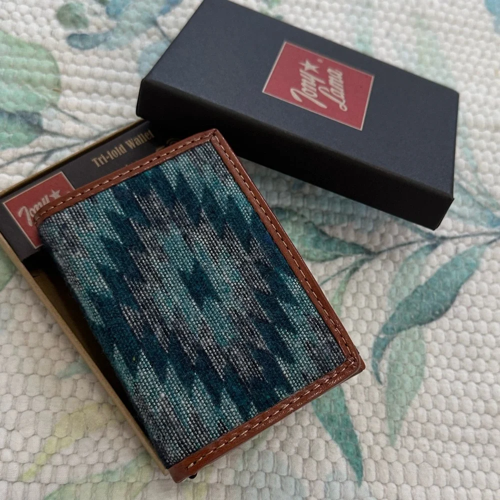 New Tony Lama Tri-Fold Wallet RFID Blue Aztec Canvas Leather Cowboy Western